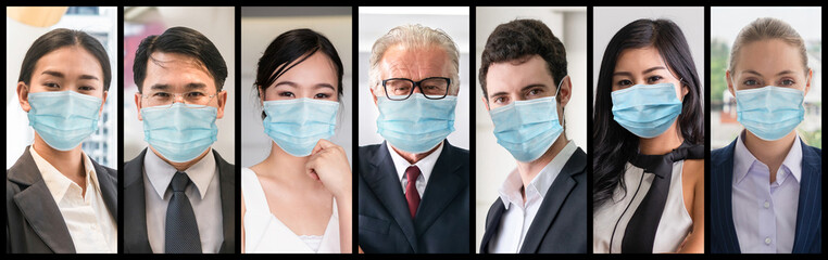 Diverse people with face mask protected from Coronavirus or COVID-19 photo set in banner concept of...