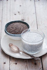 Chia seed pudding on a wooden background