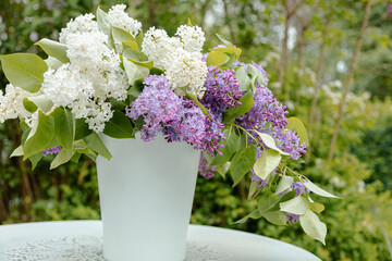 Bouquet of white and purple lilac in a white vase on a blurred background of green leaves