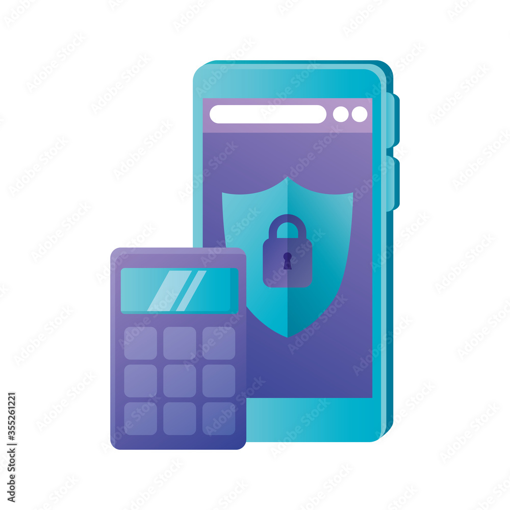Poster isolated calculator and smartphone with shield vector design