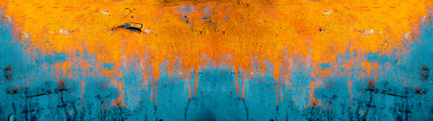 Rust Background banner Panorama - Blue orange rustic abstract painted metal steel texture...