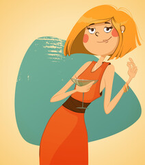 Party. Beautiful woman in a red dress dancing at a corporate party.