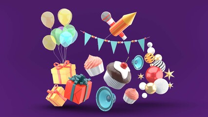 Cupcakes surrounded by gift boxes, balloons, speakers, string flags and squeezed on a purple background.-3d rendering..
