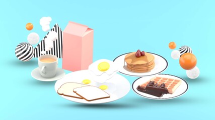 Fried egg and bread surrounded by pancakes, waffles, coffee and milk on a blue background.-3d rendering..