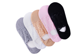 Women's socks, footprints in the layout on a white background isolated