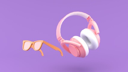 Headphones and glasses floating on the purple backdrop.