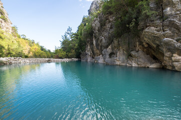 View of turquoise lake in canyon Goynuk