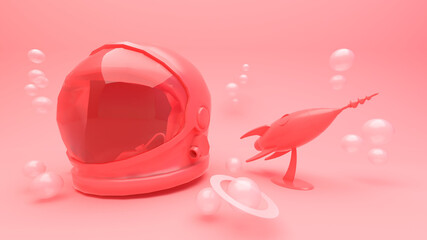 Pink astronaut Helmet and Pink rocket /3d rendering.