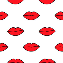 Seamless pattern red lipstick kiss on white. Lips prints vector illustration. Perfect for Valentines day postcard, greeting card, textile design, fabric, wrapping paper, etc