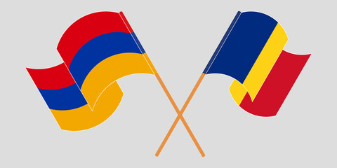 Crossed and waving flags of Armenia and Romania