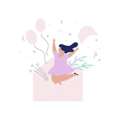 Young cheerful girl jumping out of the from the envelope with the letter.E-mail message, holiday greetings, Valentine's Day.Delivery service.Vector illustration, clip art.