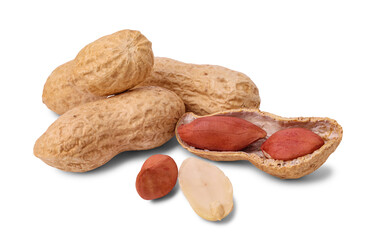Roasted peanut in shell and peeled peanuts isolated on white background. Close up.