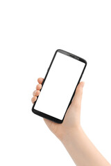 Woman hand holding the black smartphone with blank screen, angled position. Isolated on white background.