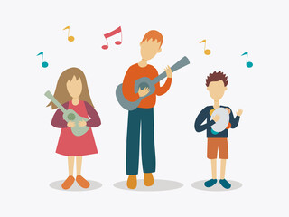 Illustration of a father playing music instrumentals with kids