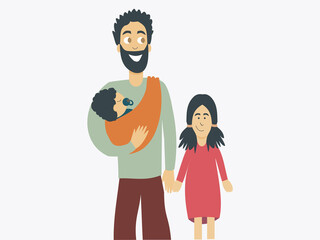 Illustration of a father carryig a baby on sling and a kid on the hand