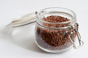flax seeds in a glass jar.