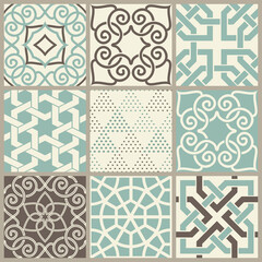 Set of 9 seamless Islamic pattern in turquoise, brown and beige. Ethnic pattern. Can be used for ceramic tile, wallpaper, linoleum, surface textures, web page background