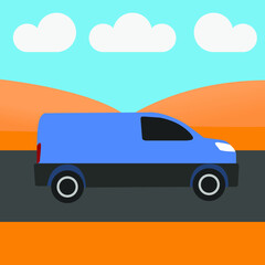 blue minivan delivery car in the desert scenery. vector graphic.