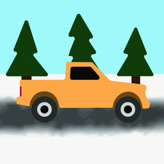 yellow pickup car in the snowy scenery. vector graphic