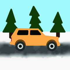 yellow jeep car in the snowy scenery. vector graphic