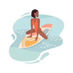 Stylish trendy girl in sunglasses sits on a surf board. Surfer sunbathing and relaxing in sea. Flat cartoon vector illustration. Top view.