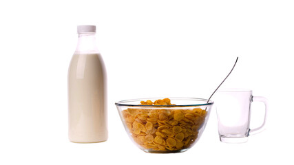 cereal in a bowl with a bottle of milk and a mug