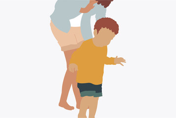 Illustration of a mother holding her baby toddler walking