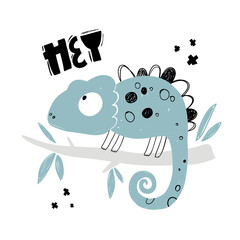 Vector hand-drawn color children's illustration, poster, print with a cute chameleon on a branch and lettering Hey in Scandinavian style on a white background. Cute baby animals. Lizard.