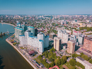 Fototapeta premium Russioa, Krasnodar cityscape and Kuban river from aerial view. Krasnodar region, Russia