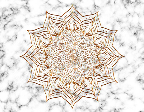 Gold Mandala On White Marble Background. Luxury Elegant Illustration.