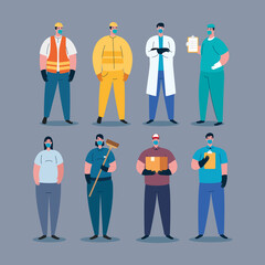 people workers with uniforms and workermasks vector design