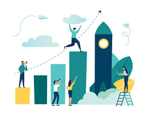 Vector illustration, people run to their goal on a column of columns, move up the motivation, the way to achieve the goal, rocket up