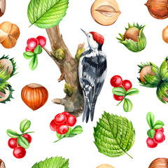 forest environment, a seamless pattern of cute birds, woodpecker, leaves, hazelnuts, lingonberries, watercolor drawing
