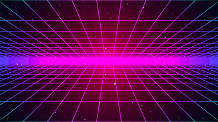 Retrowave background. Bright perspective grid. Retro future style. Synthwave vector illustration