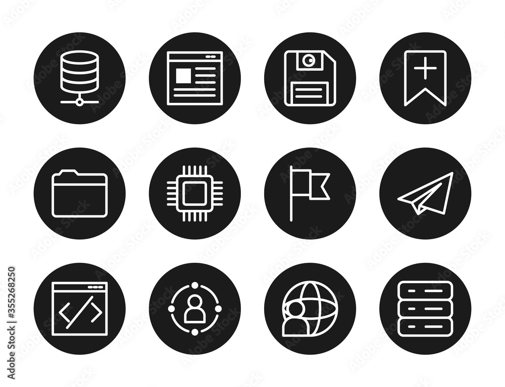 Poster diskette and ui or ux icon set, block style