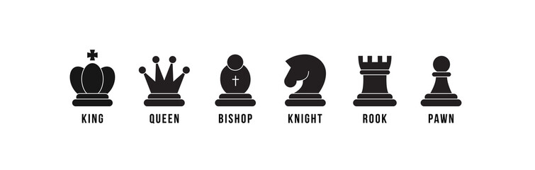 Chess pieces icon set. Included icon king, queen, bishop, knight, rook, pawn. Black silhouettes isolated on white background. Chess pictogram. Set of strategy icons in line style Vector symbols. Wall mural