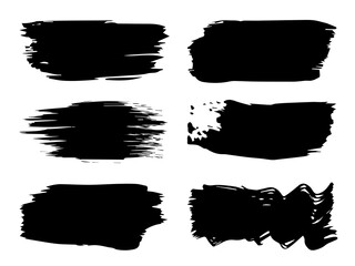 Collection or set of artistic black paint, ink or acrylic hand made creative brush stroke backgrounds isolated on white as grunge or grungy art, education abstract elements frame design