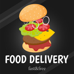Food delivery. Online delivery service concept. Banner, card. Fast and free. Vector illustration  
