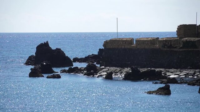 Walls of the fortified gate of porto pim faial azores portugal slow motion