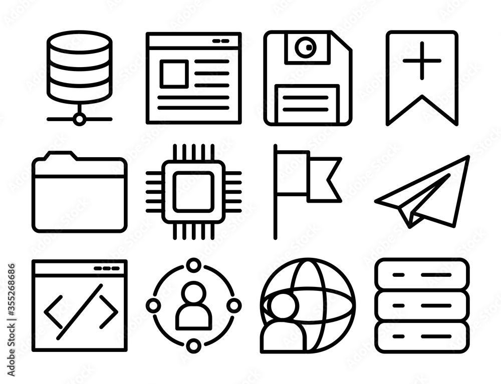 Poster diskette and ui or ux icon set, line style