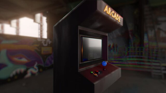 Arcade Game 80s machine. Blank screen in abandoned location outdoors. 3D Animation rendering. Isolated close-up.