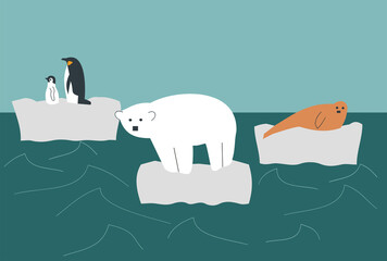 Illustration of wild animals, polar bear, penguin and seal on a melting glacier in the middle of the ocean © Trendsetter Images