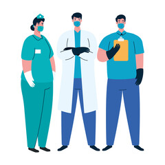 Female and male nurse and doctors with masks vector design