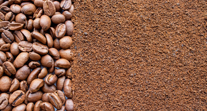 Image of coffee beans and ground instant coffee. Background of coffee beans and coffee powder.