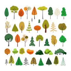 Set of stylistic trees. Trees forest simple plant silhouette icon. Hand drawn isolated illustrations