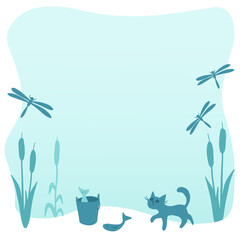 frame with cat fishing. Hand drawn vector illustration.