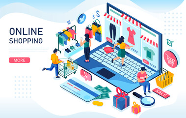 Online shopping isometric concept. Online store concept with customers and laptop. You can use, for web landing page, mobile app, banner template. 