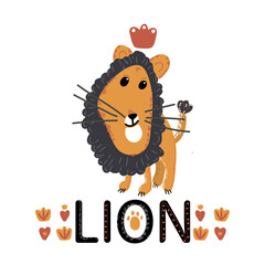 wild animals  African. Hand drawn flat color illustrations Lion.  Cartoon  characters