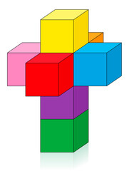Obraz premium Net of a Hypercube, Tesseract or Octachoron folded in 4th dimension to get a 4D Hypercubus, a special mathematical and geometrical issue with eight colorful cubes. Vector illustration. 