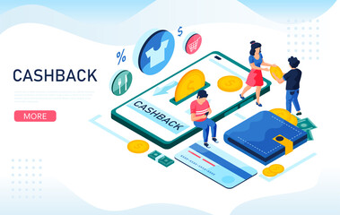 Cashback money, online service isometric concept. Smartphone, cashback money,credit card. Isometric vector illustration